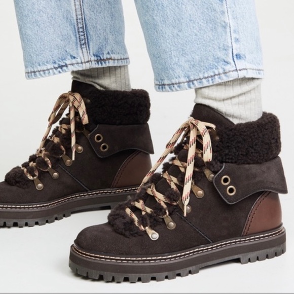 New !! See by Chloe Eileen Lace-Up Shearling Ankle Boots 37EU